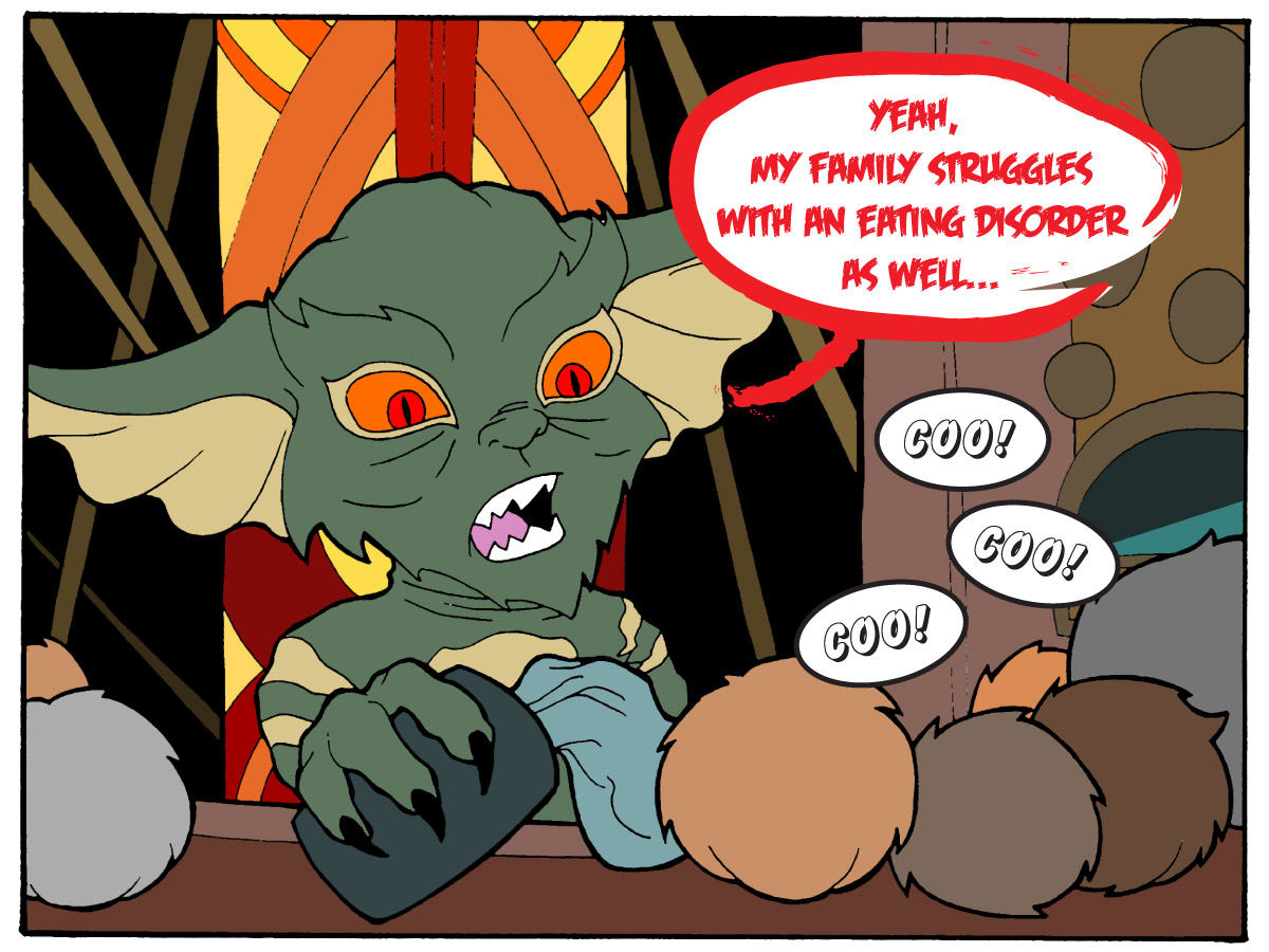 Single-panel comic set in a dimly lit bar. A gremlin bartender polishes a glass while a row of furry mogwai sit at the bar cooing. The gremlin commiserates that his family struggles with an eating disorder too, a nod to the no-eating-after-midnight rule from Gremlins.