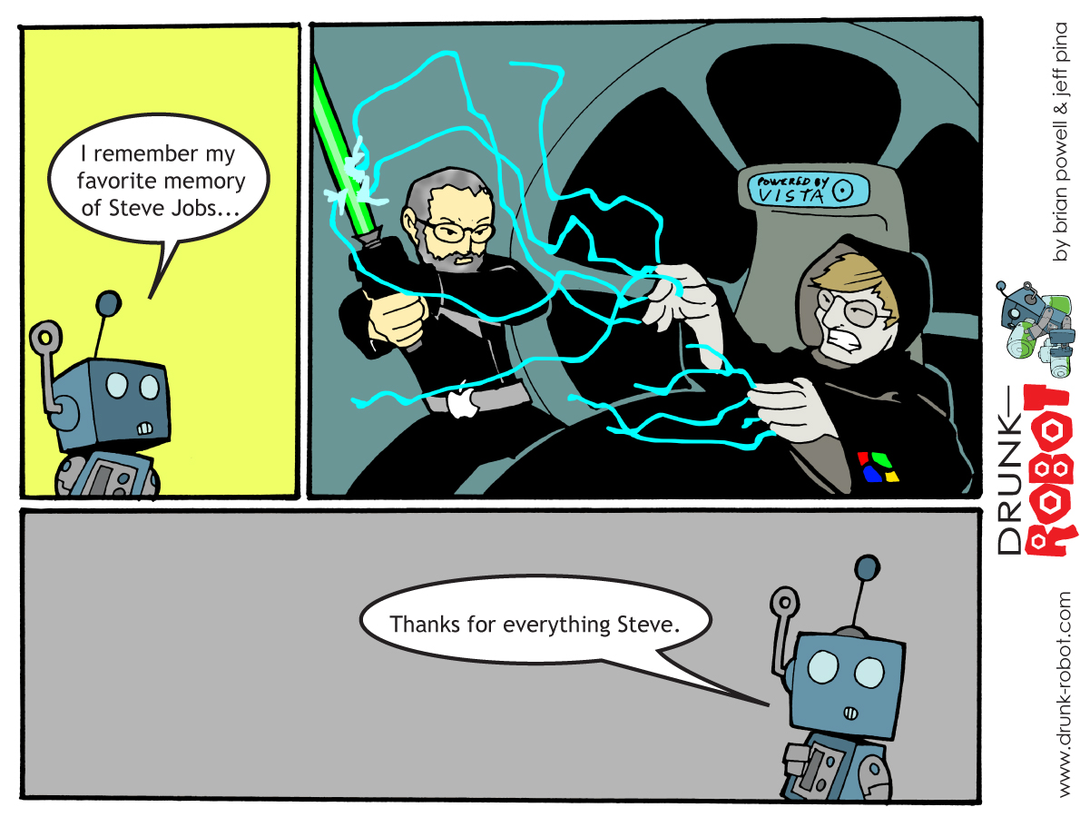 Three-panel comic memorializing Steve Jobs. The blue robot recalls its favorite memory of him: Jobs as a Jedi with an Apple logo belt buckle deflecting Force lightning from Emperor Bill Gates, who scowls from a throne labeled Powered by Vista. The robot closes simply with Thanks for everything Steve.