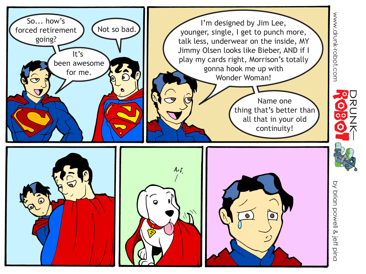 Five-panel comic. The cocky New 52 Superman brags to the classic Superman about being younger, Jim Lee designed, single, and Wonder Woman adjacent, daring him to name one thing better about the old continuity. The answer is Krypto the Superdog, whose single Arf reduces the rebooted Superman to tears.