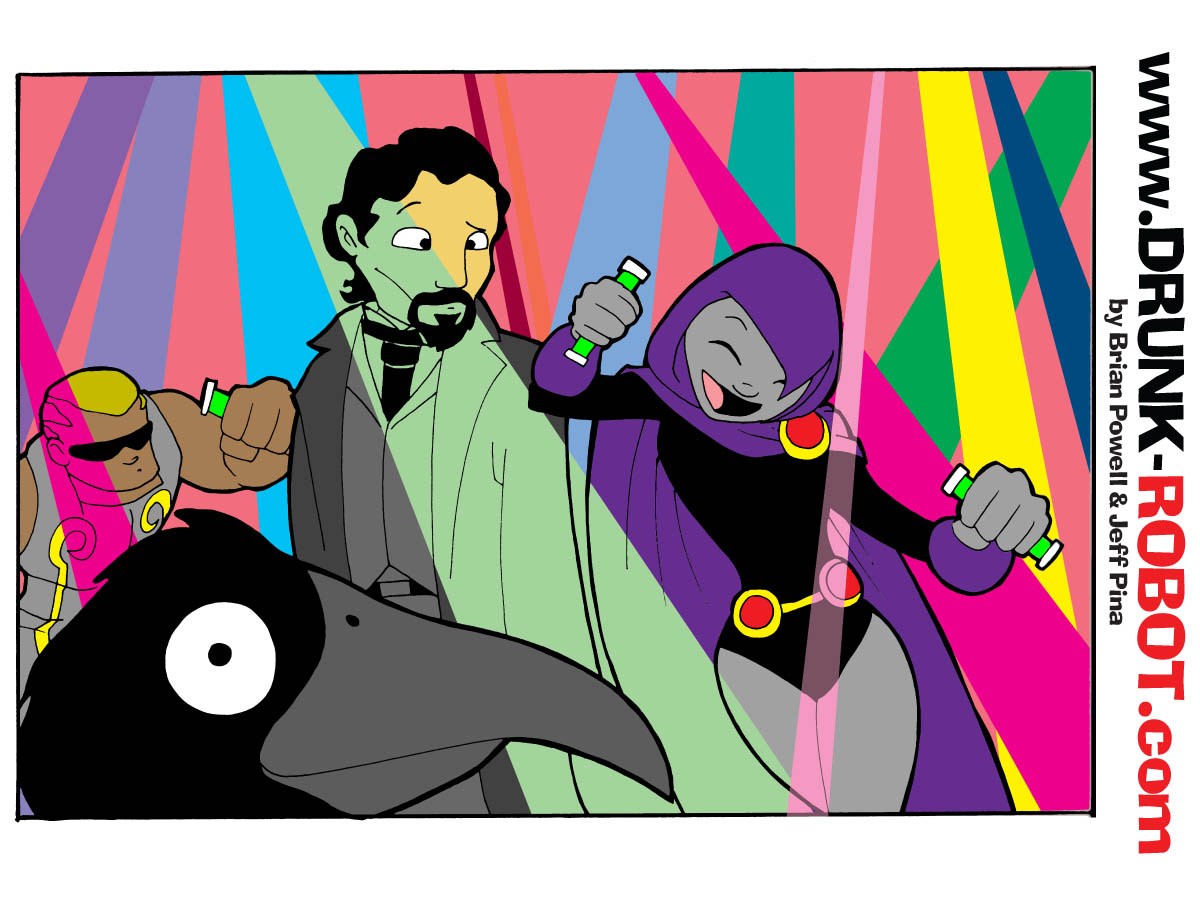 Single-panel comic. At a neon-striped rave, Edgar Allan Poe dances with glow sticks alongside DC's Raven from Teen Titans, while an actual giant raven bobs along in the foreground. Every possible Raven is raving, which is the whole joke of the title That's So Rave'n.