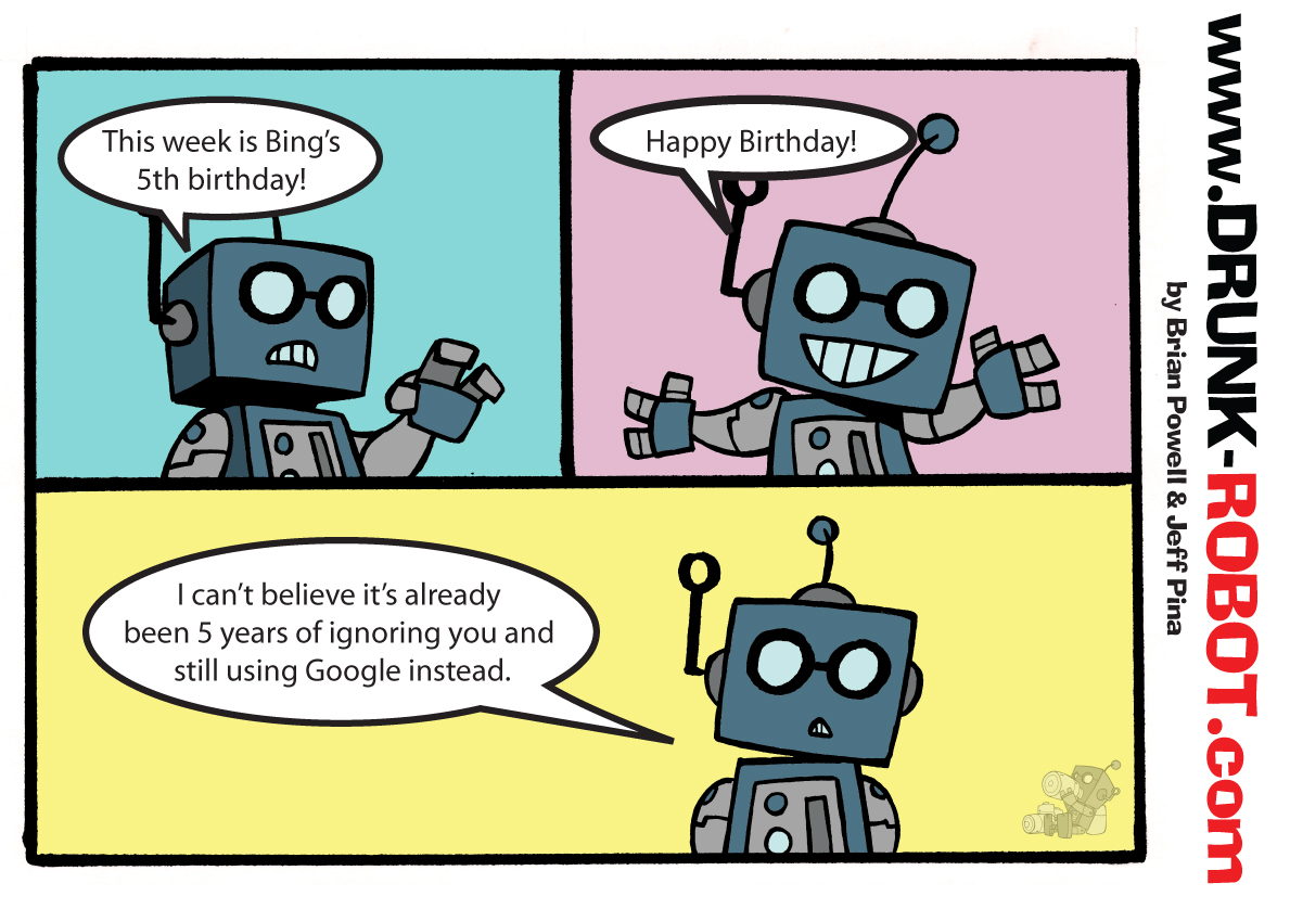 Three-panel comic. The blue robot cheerfully announces that this week is Bing's fifth birthday and wishes it a happy birthday, then deadpans that he cannot believe it has already been five years of ignoring Bing and still using Google instead.
